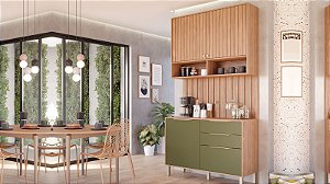 KIT Cozinha Divina [Aéreo - Balcão - Painel Ripado] Freijó / Verde