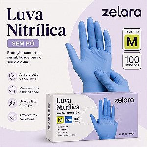 LUVA NITRILICA ZELARA AZUL TAMANHO M- SEM PÓ- CX 100 UNID