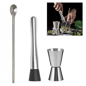Kit Dosador Jigger Colher Bailarina e Socador Inox Barman