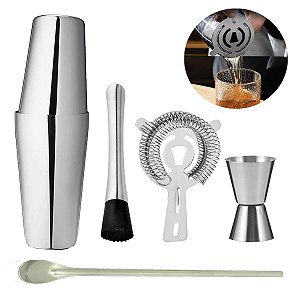 Kit Bar Coqueteleira Boston e Acessórios Inox 5 Peças