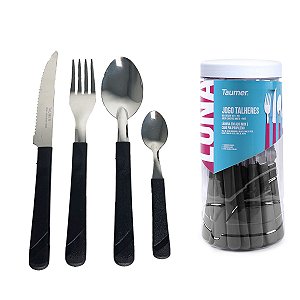 Faqueiro 24 Peças Jogo Talheres Conjunto Inox Pote Multiuso - Preto