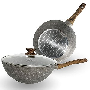 Panela Wok Com Tampa Ceramica Indução Antiaderente - Grafite