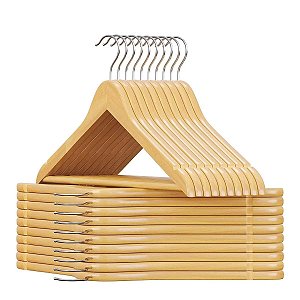 Kit 12 Cabides de Madeira Para Roupas Adulto Gancho Giratório
