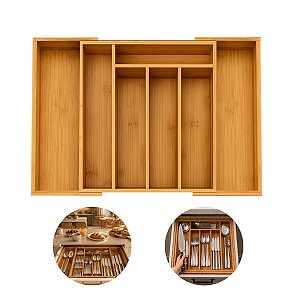 Organizador Gaveta Porta Talher Cozinha Bambu Ajustável