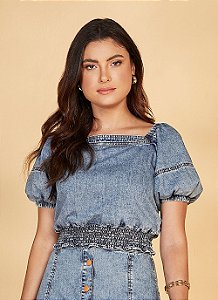 BLUSA JEANS C/ RECORTES E LASTEX - 26822