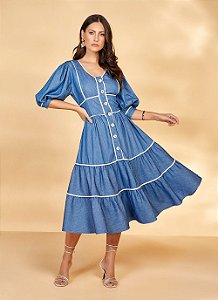 VESTIDO JEANS C/ VIÉS BRANCO E BABADOS 105CM 26954