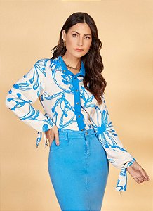 269531 CAMISA CREPE ESTAMPADA COM VIVO AZUL