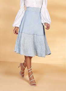 26993 SAIA JEANS EVASE C/ MIX DE TECIDO 75CM