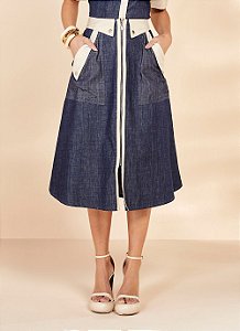 26929 SAIA JEANS EVASE C/ MIX DE TECIDOS 75CM