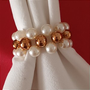 Kit 4 Porta-guardanapos de Pérolas Entrelaçadas Champanhe com Dourado