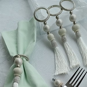 Kit 4 Descansos de Talher Aço Cromado 12cm +4 Porta-guardanapos com Tassel