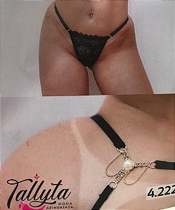 Tanga Fio dental strass com peróla - Preto