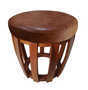 Puff Banqueta Tamborim Em Madeira/Linho