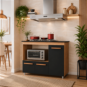 Balcão Ana para Cooktop 4 Bocas SAVANA/PRETO com 3 Portas Cozinha – Móvel de Cozinha Funcional