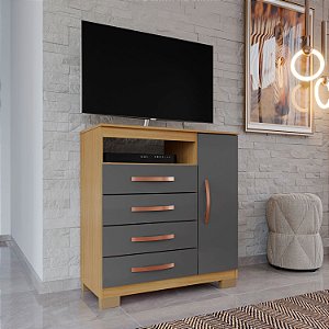 Cômoda Sapateira Cannes Carvalho Amer. Grafite Porta e Prateleira + 4 Gavetas