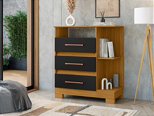 Cômoda Liz Organizadora Carvalho Preto com 3 Gavetas e 2 Nichos | Espaçosa e Funcional