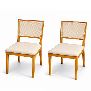 Conjunto 2 Cadeiras De Jantar Aurora Em Madeira Maciça Encosto Com Tela Linho Bege 081