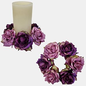 Candelabro Rosas Lilás Natal Porta Velas Artificial Premium