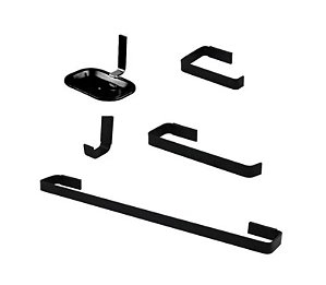 Kit de Acessórios para Banheiro com 5 peças Quadrado Preto Inox e Alumínio
