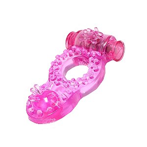 (LB6010-ROSA) Anel Peniano com Vibrador e Estimulador para Clitóris e Ânus - Rosa
