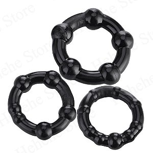 (LB6042-PRETO) Kit Anel Peniano Retardador de Ereção 3 Unidades- Preto