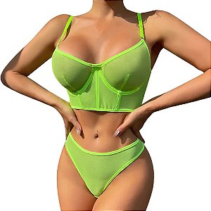 (Q00919J) Conjunto Lingerie com Malha Transparente - 3 Cores