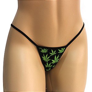 Calcinha Cannabis Fio Dental Preta\Branco