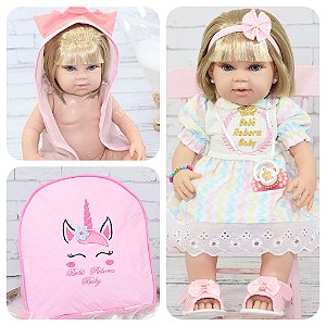 Boneca Bebê Reborn Luxo Rosa Vários Itens e Mochila - ShopJJ