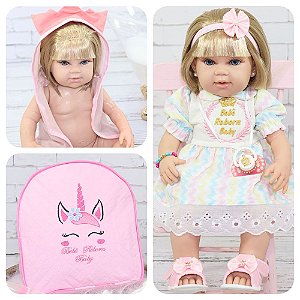 Boneca Bebê Reborn Luxo Loira Rosa Com Cílios E Mochila