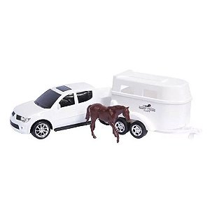 Carrinho Kids PickUp Rx L200 Branco C/ Trailer Cavalo Roma