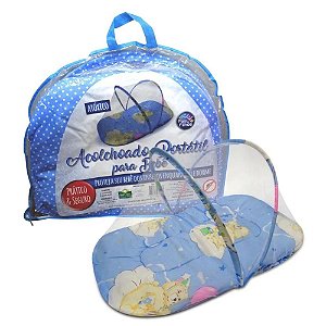 Mini Berço Bebê Moisés Acolchoado Azul Mosquiteiro Portátil