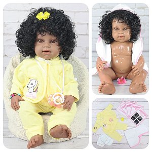 Boneca Bebê Reborn Corpo Siliconado Negra Com Acessórios