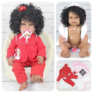 Boneca Com Acessórios Bebê Reborn Silicone Negra Baby