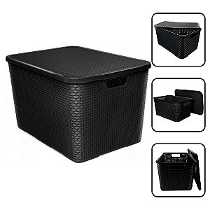 Organizador Rattan Cesto Preto Com Tampa Caixa 40 Litros