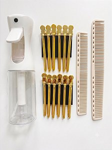 KIT Borrifador + Pente de Corte Carbono + Cilp Metal Dourado