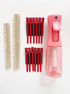 KIT Borrifador Pink + Pente de Corte Carbono + Cilp Metal Vermelho