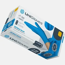 Luva de NITRILO AZUL sem pó Unigloves com 100 Unidades Tamanho: EP