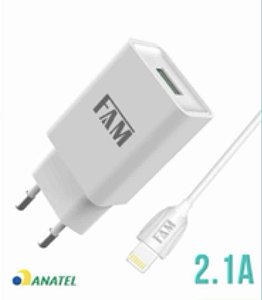 KIT CARREGADOR E CABO IPHONE 1 USB 2.1A  BASICO FKT-1105 ANATEL FAM