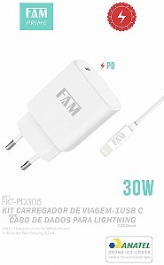 KIT CARREGADOR E CABO IPHONE/TIPO C - 1 USB 30W FKT-PD305 FAM