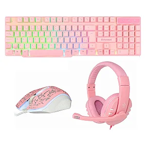 KIT TECLADO MOUSE FONE GAMER COM FIO ROSA COM FONE EG53 EVOLUT