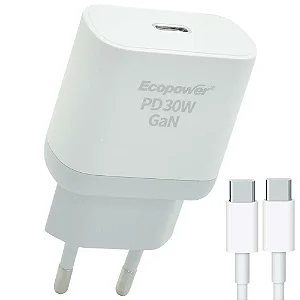 KIT CARREGADOR E CABO CELULAR  ECOPOWER EP-7023 30W / Type-C - Branco + Cabo Type-C