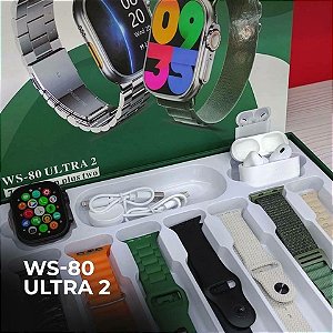 SMART WATCH WS80 ULTRA 2 | +Fone bluetooth | Kit 7 pulseiras | Toque duplo | Segunda geração • PRATA