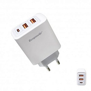 CARREGADOR ECOPOWER EP-7042 - 2 USB-A / 1 USB-C 10W