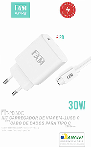 KIT CARREGADOR E CABO TIPO C PARA TIPO C (DADOS) 1 USB 30W FKT-PD30C FAM