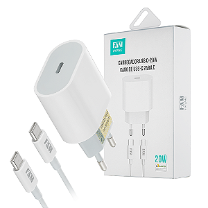 KIT CARREGADOR COM CABO TIPO PARA TIPO C 1 USB 20W FKT-PD52C FAM