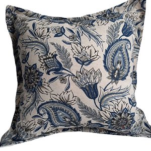 Capa Gorgurinho Rústico Decorativa p/ Almofada 43x43cm Floral Azul com Abas