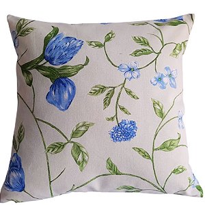 Capa Linho Decorativa para Almofada 45x45cm Floral Azul e Verde