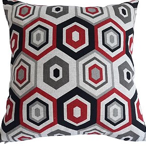 Capa Linho Decorativa para Almofada 45x45cm Hexágono Vermelha