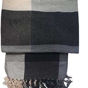 Manta Decorativa Tear tam. Solteiro Xadrez - Preta / Cru / Cinza