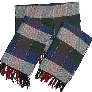 kit 3 Peças Tapete Artesanal Fio de Malha Xadrez Tons de Azul/vermelho